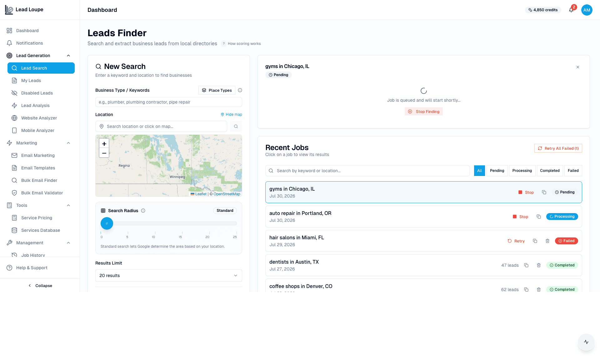 Lead search with map grid and filters